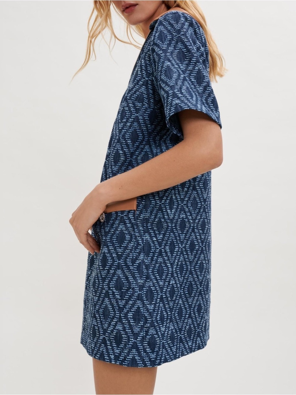 Maje Navy and Light Blue Geometric Mini Dress